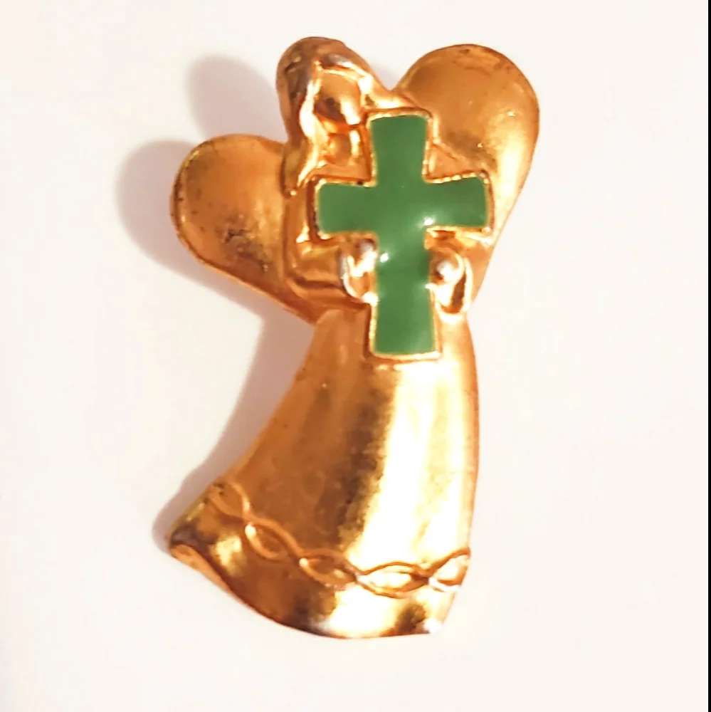 Golden Angel Holding an Irish Blessing Green Cross Brooch Pin